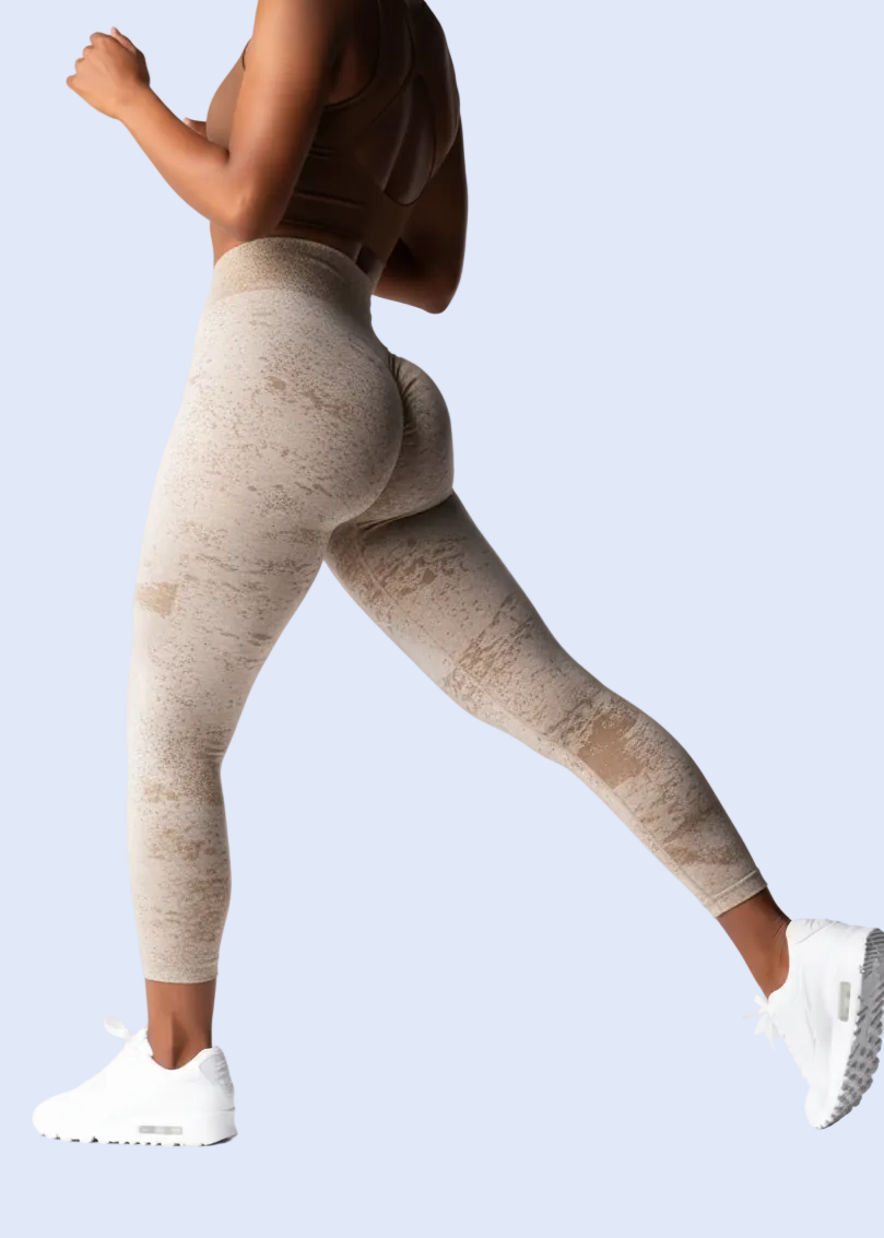 Beige leggings worn by a model on a white background with product details at the bottom.