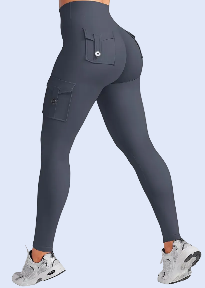Navy blue leggings worn by a person on a white background