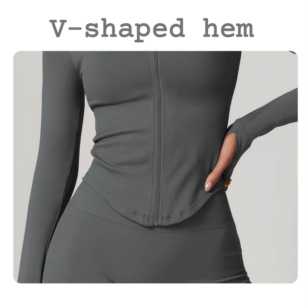 Gym wear with V-shaped hem and vertical ribbed waistband on a gray background