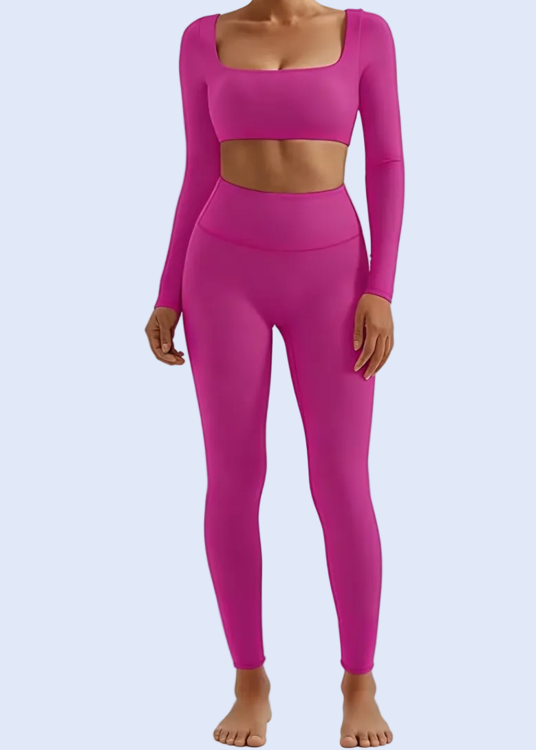 Person wearing a bright pink athletic outfit on a white background