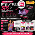 Advertisement for a 3-piece activewear mystery box with pricing and product details.