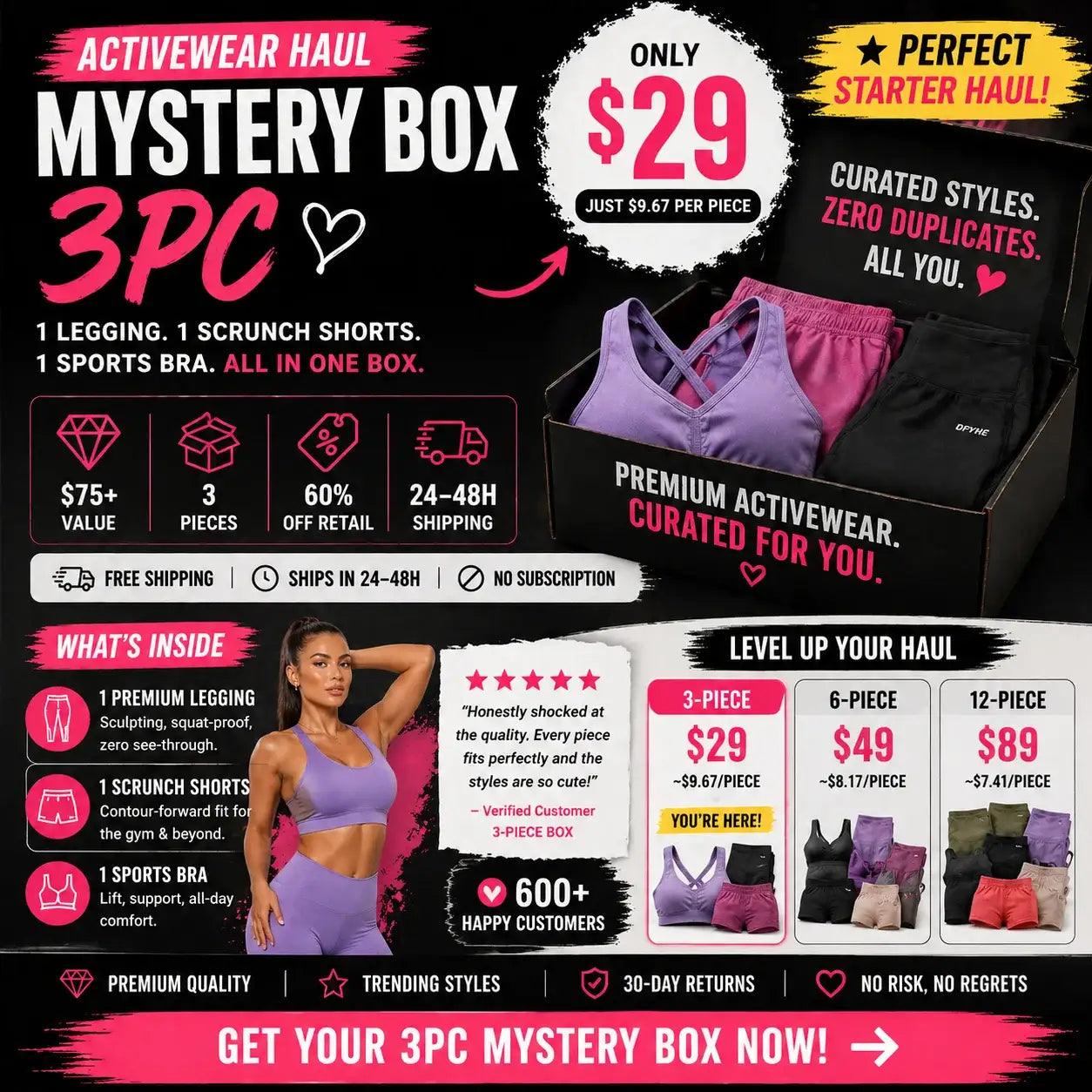 Advertisement for a 3-piece activewear mystery box with pricing and product details.