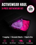 Promotional graphic for a 3-piece activewear set in a black box, featuring a purple sports bra, pink leggings, and pink scrunch shorts. The image includes pricing information, feature icons, and a 'Get Your Box Now' button on a black background with pink accents.