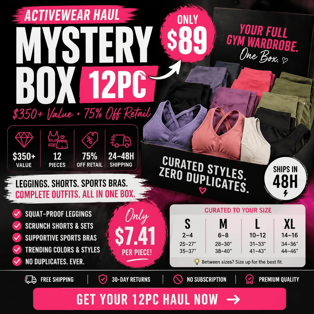 Promotional graphic for a mystery activewear box with various items and pricing details.
