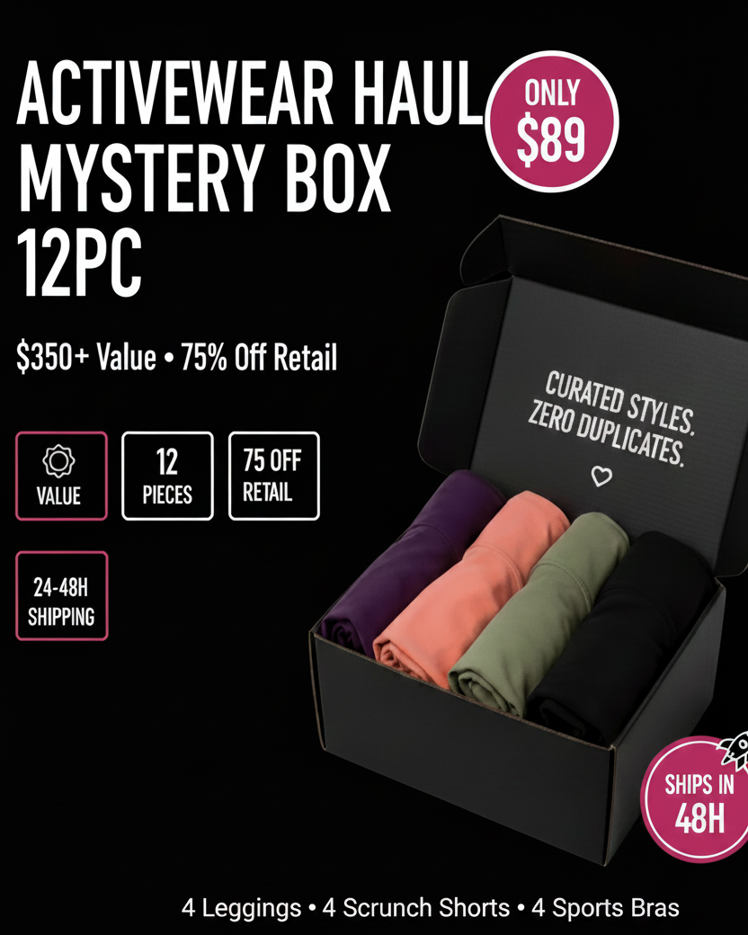 Promotional graphic for an Activewear Haul Mystery Box containing 12 pieces of workout apparel. The image features a black box filled with folded garments in purple, pink, orange, and green, set against a black background with various promotional text overlays, pricing details, and a size chart.