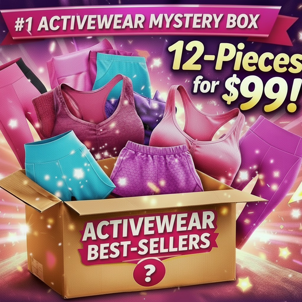 Promotional image of an activewear mystery box with colorful athletic wear on a vibrant background.