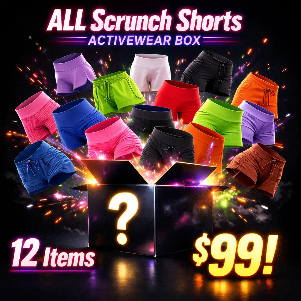 Colorful women's scrunch shorts surround a mystery activewear box, 12 items for $99 at GymDeity.