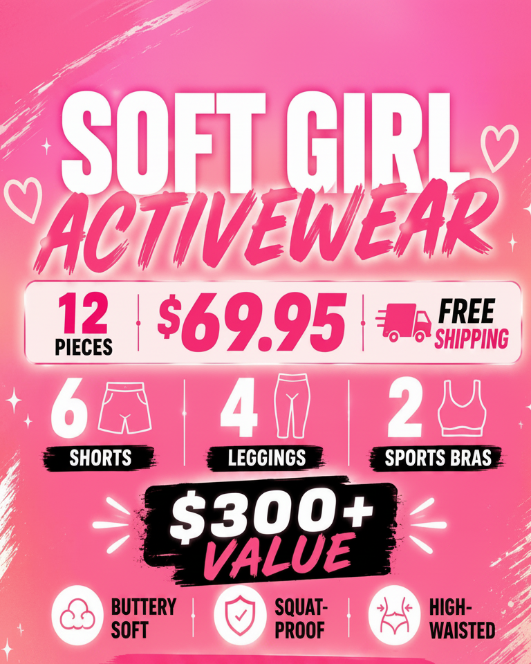 Promotional graphic for soft girl activewear set with pricing and features on a pink background.