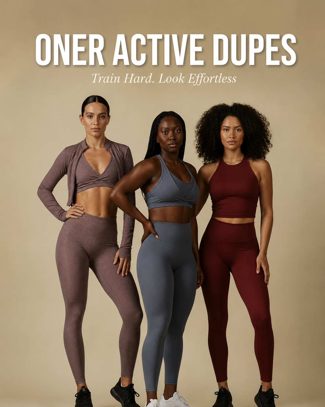 Three women wearing athletic wear with text 'ONER ACTIVE DUPES' and 'Train Hard, Look Effortless' on a beige background.