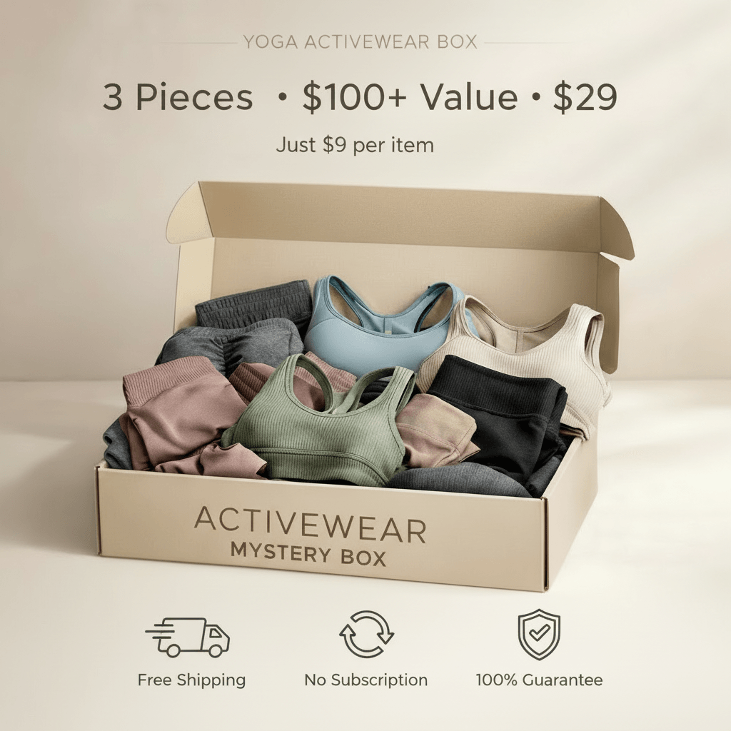 Open activewear mystery box with various pieces of yoga and sports wear on a beige background.