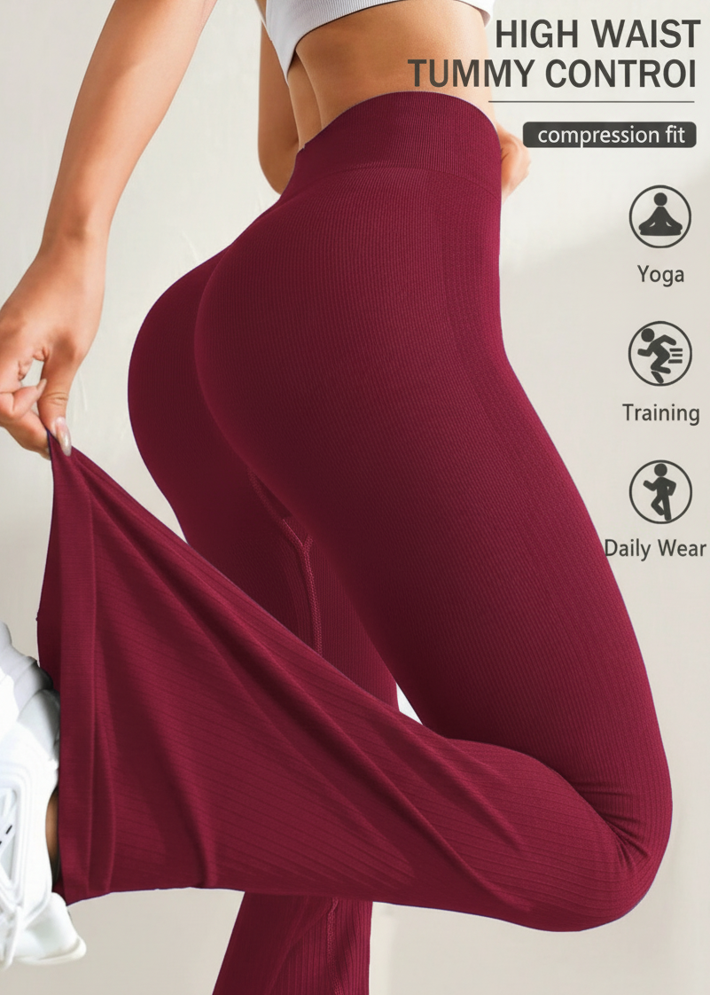 Maroon leggings being worn with a visible brand logo on a smartphone screen.