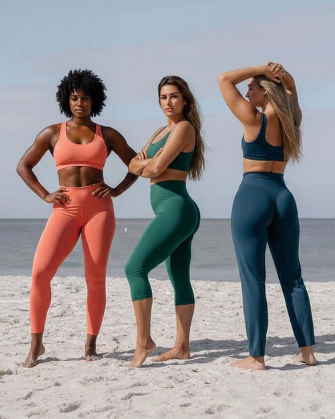 Three women in athletic wear standing on a beach.