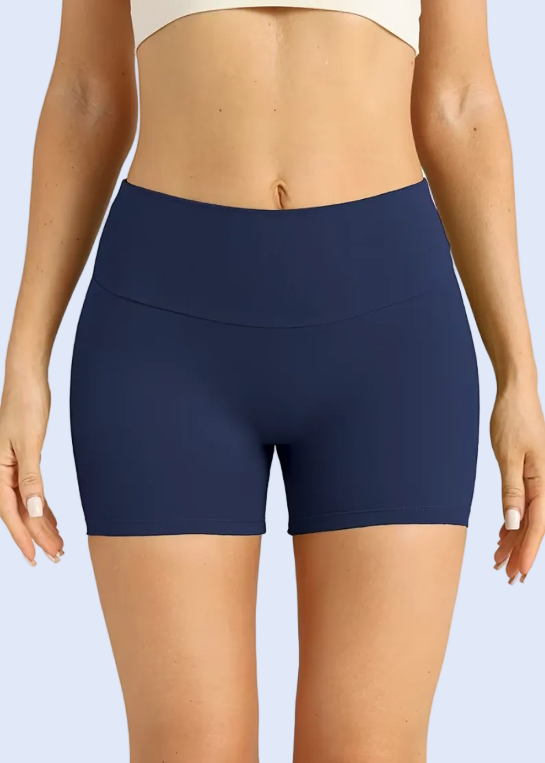 Navy blue shorts on a mannequin against a white background