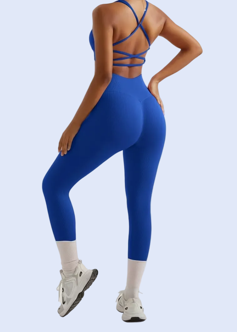 Person wearing a blue athletic outfit on a white background