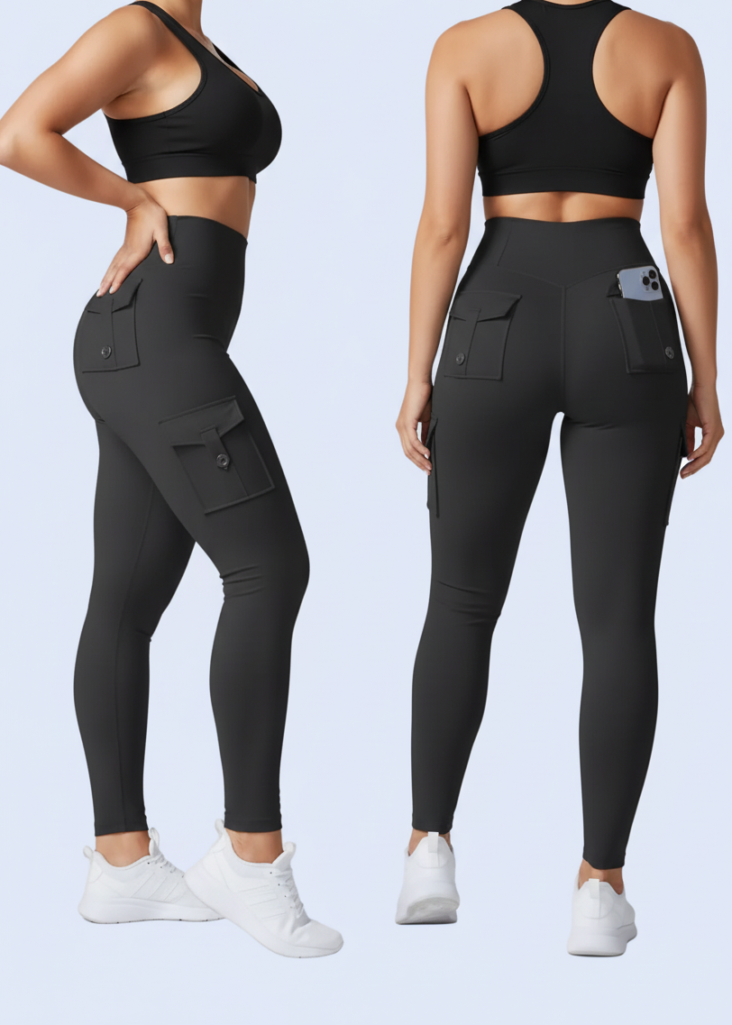 Black pants with a pocket on a gray background