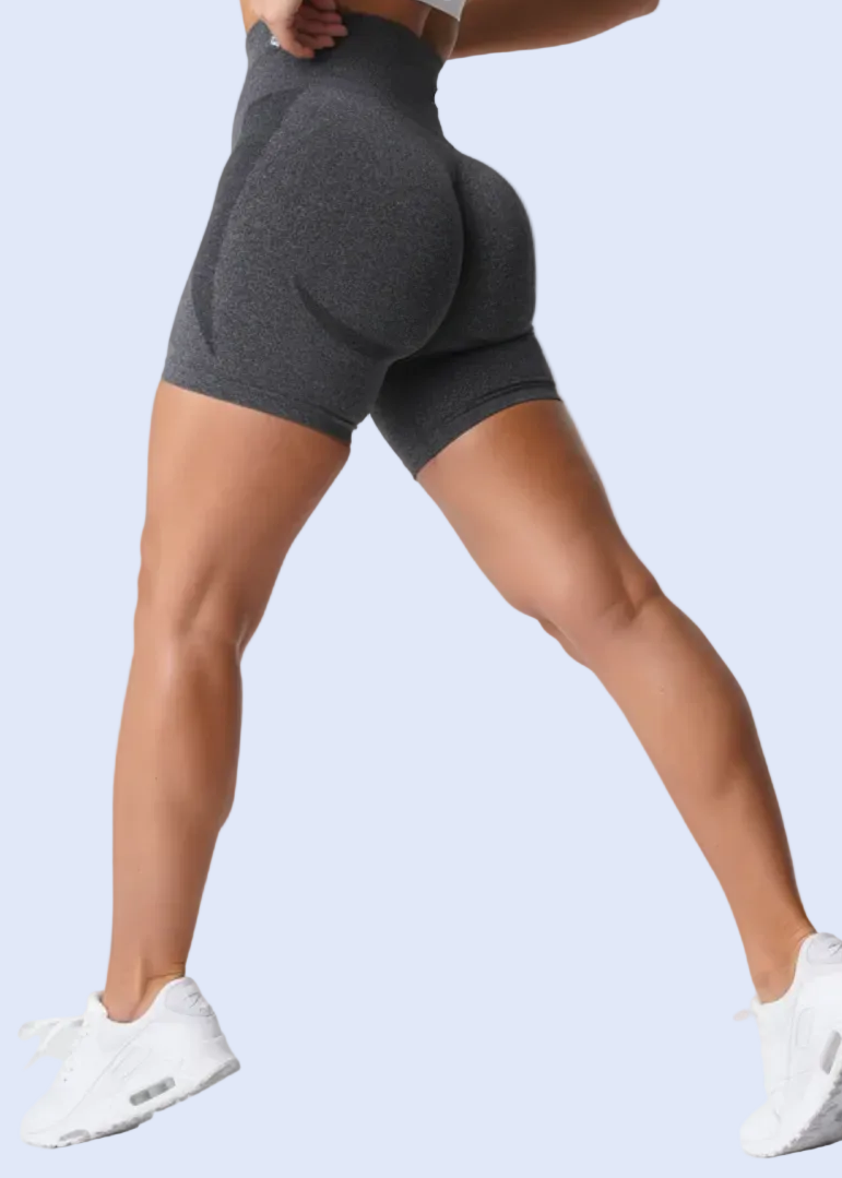 Person wearing gray high-waisted shorts on a white background with multiple views shown.