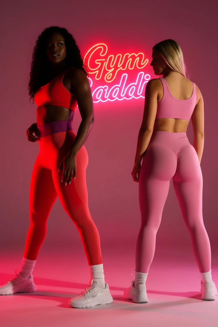 Two women in red and pink athletic wear standing in front of a neon 'Gym Addict' sign on a pink background.
