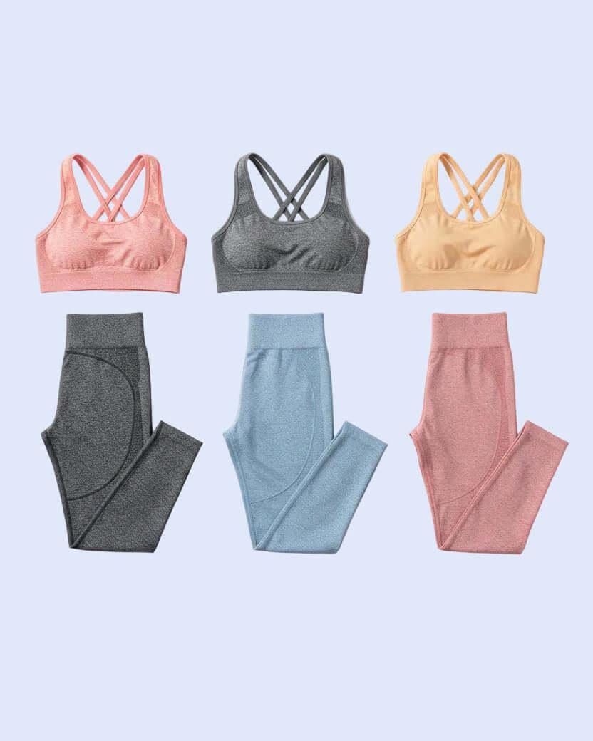Set of sports bras and leggings in various colors on a white background