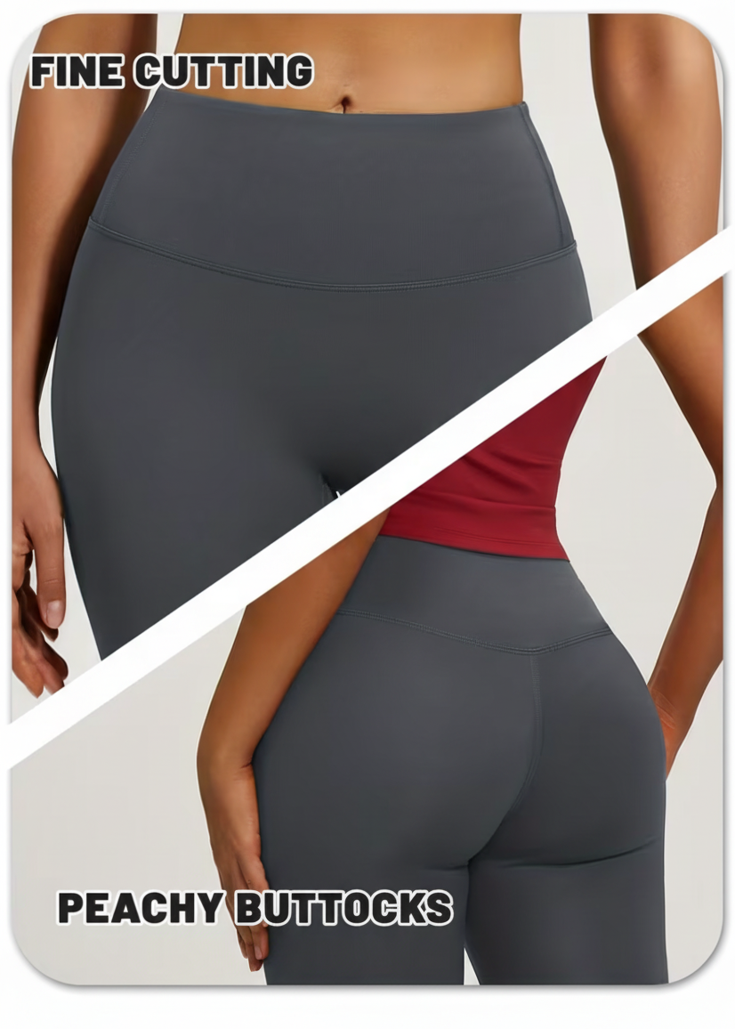 Gray leggings with text highlighting features on a black background