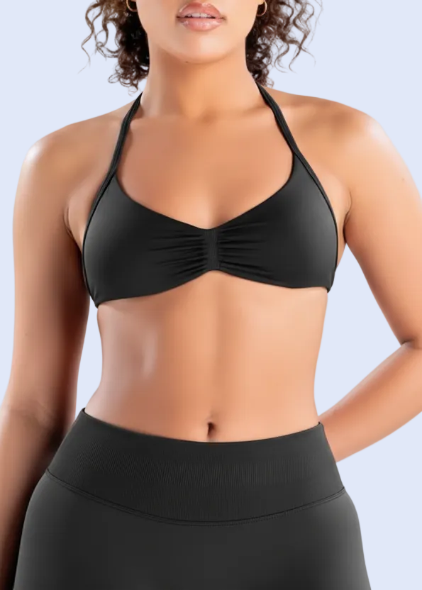 Product page for a black sports bra and leggings with support guide and product images.