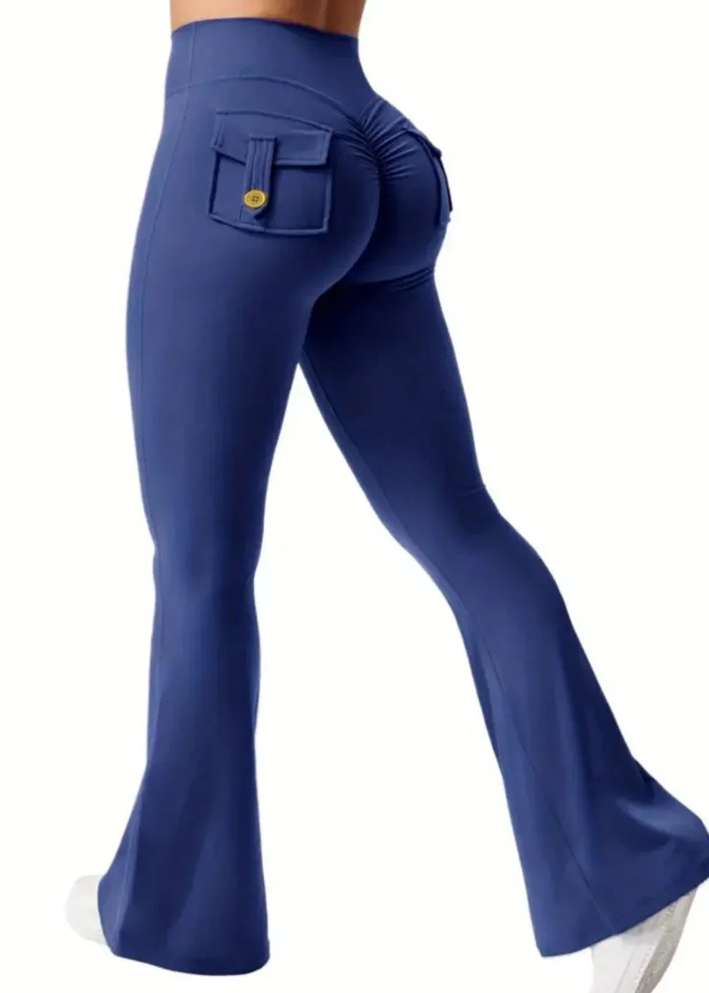 Blue high-waisted flare activewear pants with back pockets, women's affordable gym clothing