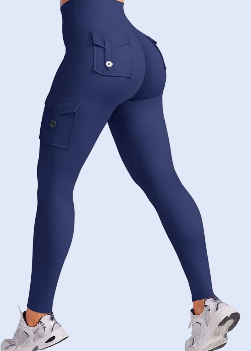 Navy blue leggings worn by a person on a white background