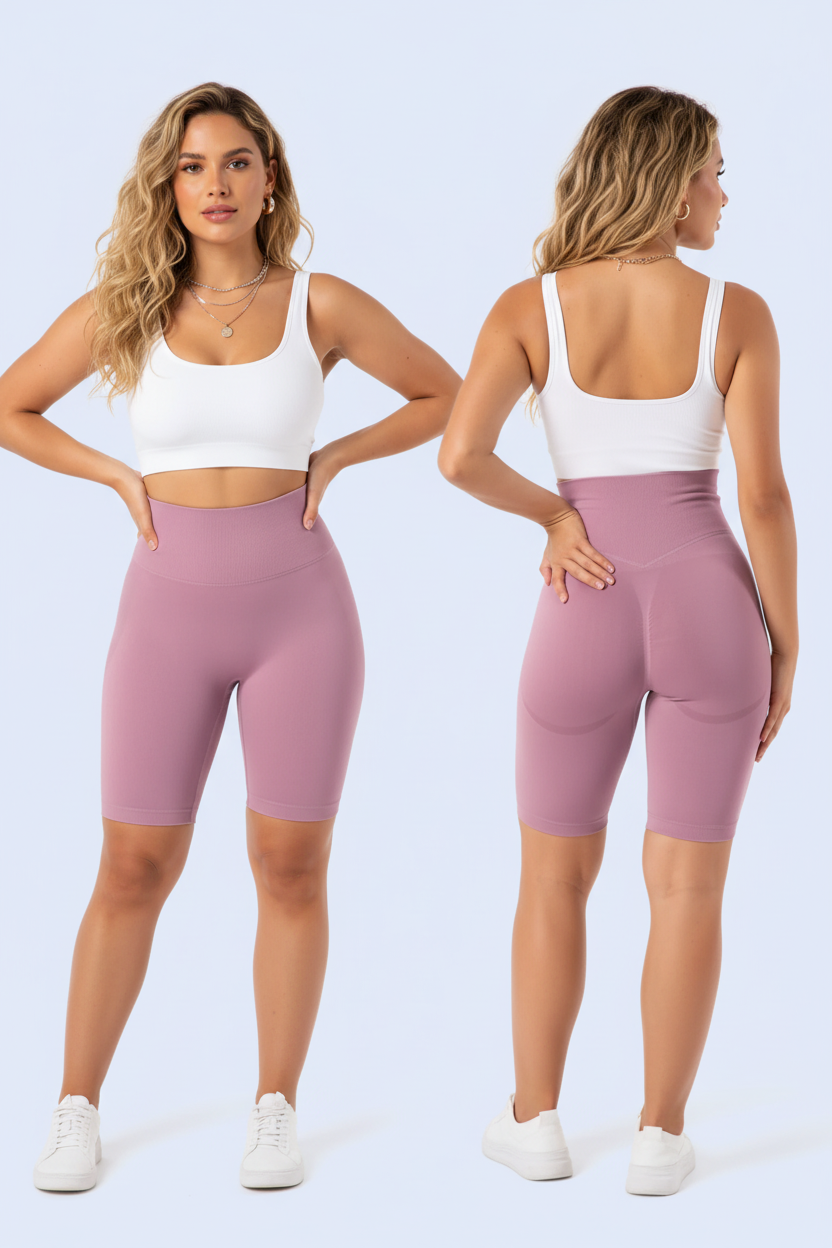 Person wearing pink high-waisted leggings in a room with furniture and decor.