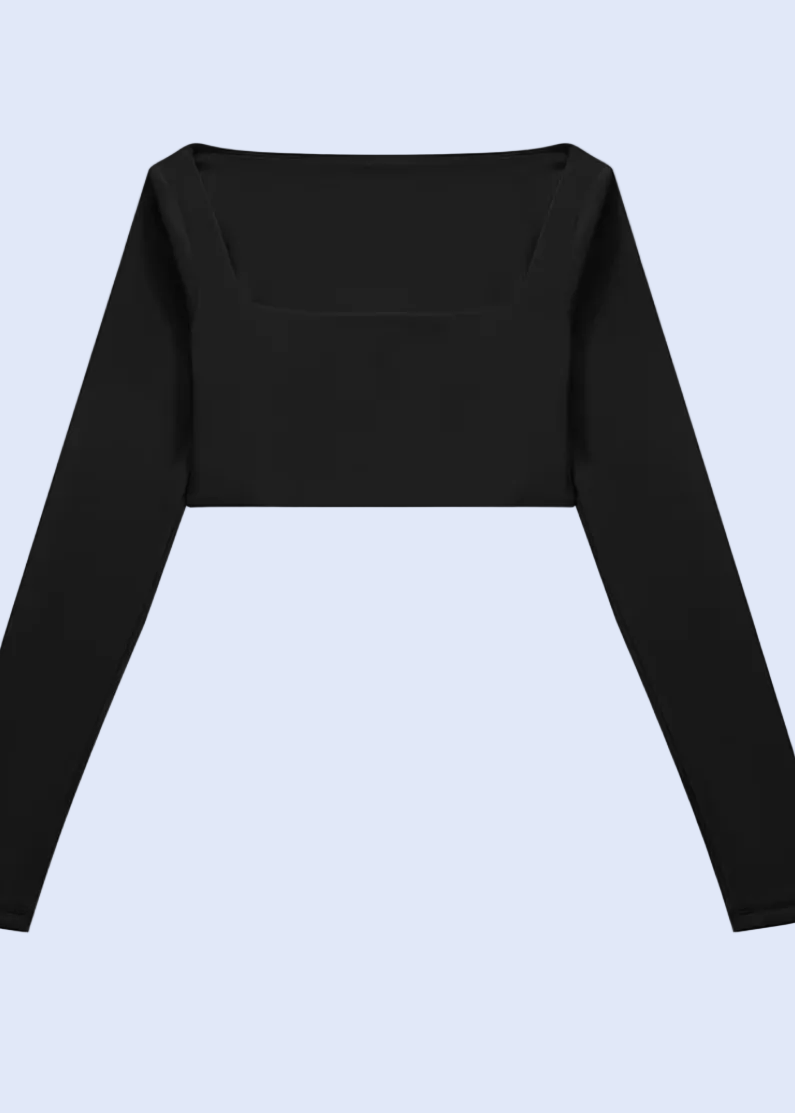Black long-sleeve top on a white background with a shopping cart icon at the bottom.