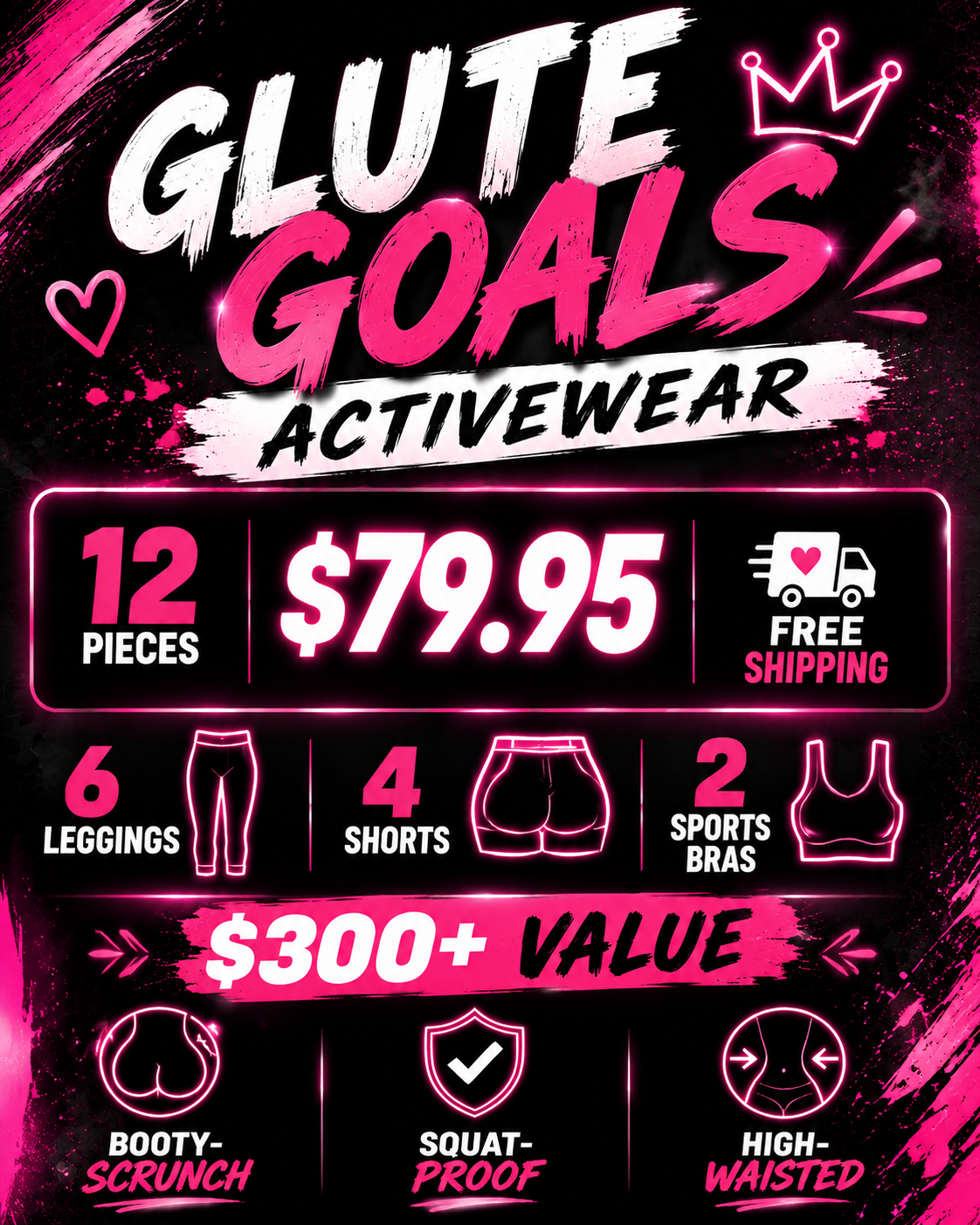 Promotional graphic for 'Glute Goals Activewear' with pricing and product details on a dark background.
