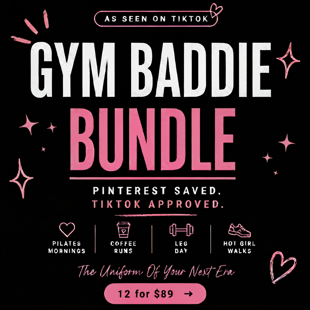 Promotional graphic for 'Gym Baddie Bundle' with text and icons on a dark background.