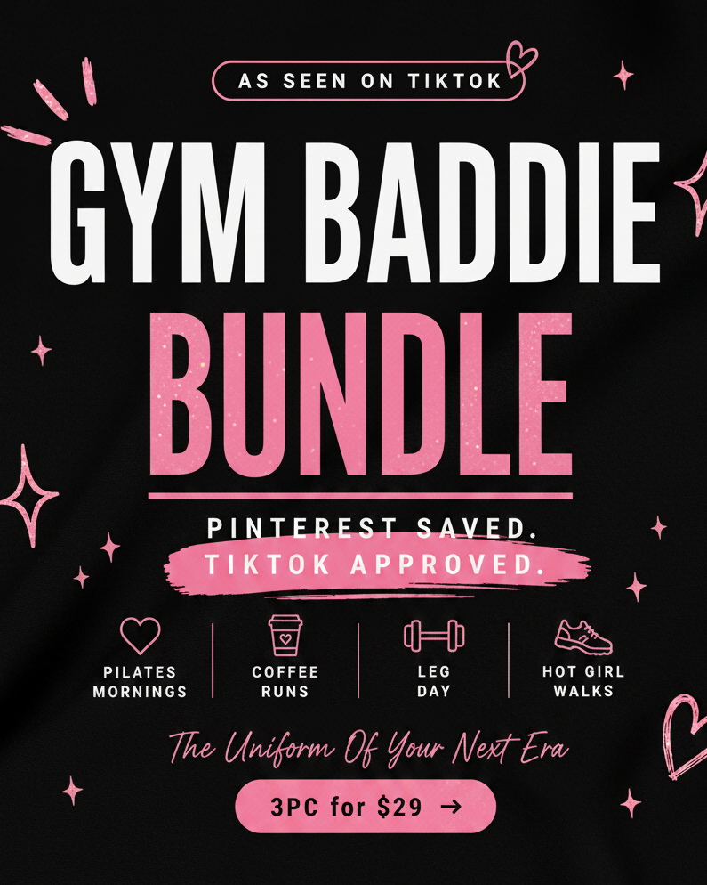 Promotional graphic for 'Gym Baddie Bundle' with text and icons on a black background.