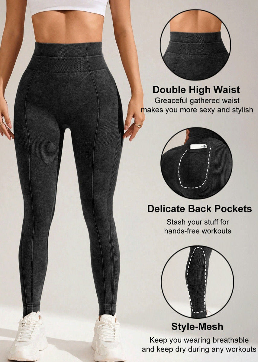 Black leggings with features highlighted on a light gray background