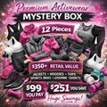 Promotional image of a premium activewear mystery box with fitness gear and savings information.