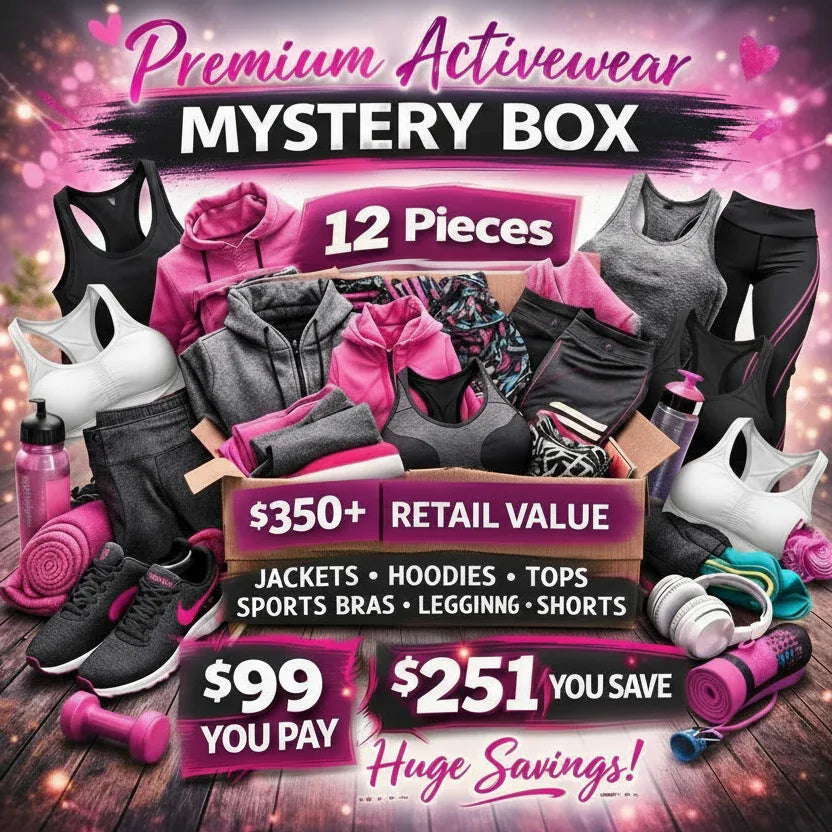 Promotional image of a premium activewear mystery box with fitness gear and savings information.