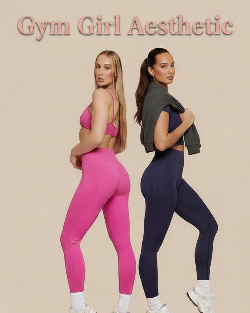 Two women wearing colorful athletic outfits on a plain background
