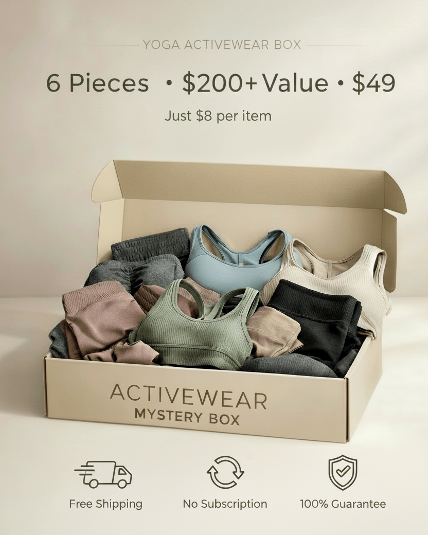An open beige cardboard box labeled 'ACTIVWEAR MYSTERY BOX' filled with folded activewear pieces in muted pastel and dark tones. Text above reads 'YOGA ACTIVEWEAR BOX' and '6 Pieces • $200+ Value • $49 Just $8 per item.
