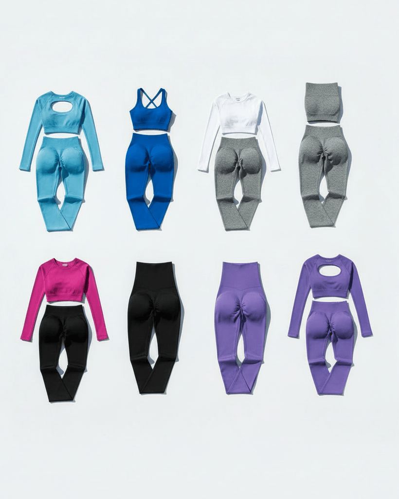 Collection of colorful athletic wear on a light gray background