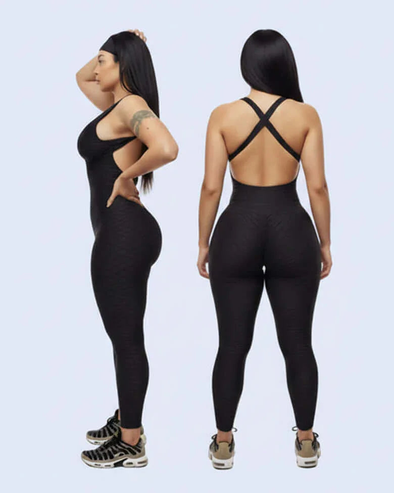 Woman modeling a black jumpsuit from front and back views on a light gray background