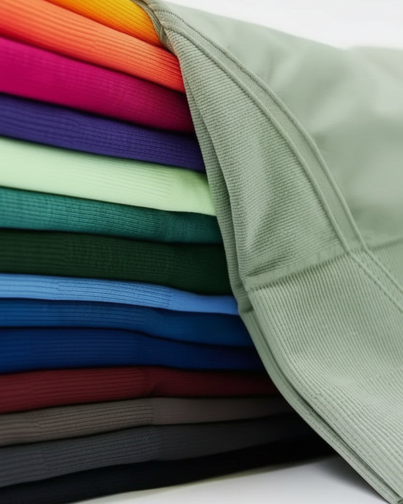 Stack of colorful folded towels with a brand logo on a white background