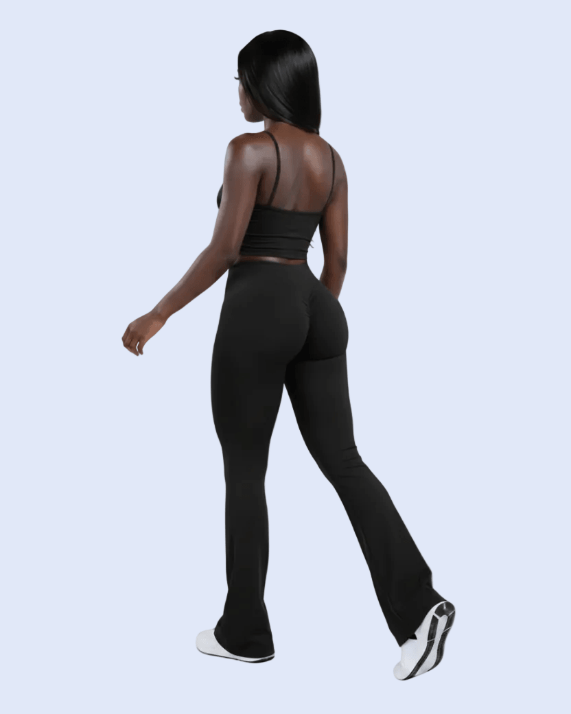 Black Flare Leggings - Back 3/4 Walk
