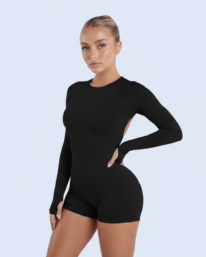 Black Romper - 3/4 Angle Sleek Bun