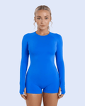 Effect Long Sleeve Open Back Romper in Electric Blue - front view, full body, seamless activewear