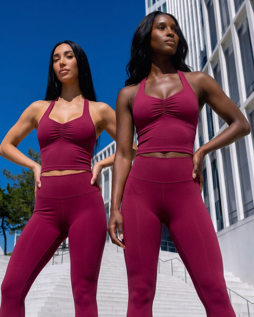 Both models in burgundy ruched halter crop tops and matching leggings, keeping the city campaign setting