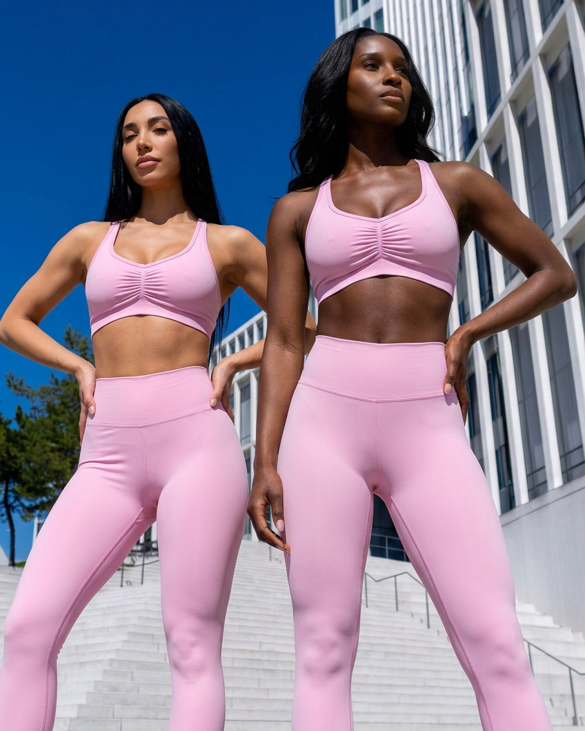 Two women modeling matching light pink activewear sets consisting of ruched sports bras and high-waisted leggings, standing on outdoor stone steps with a modern glass building and blue sky in the background.