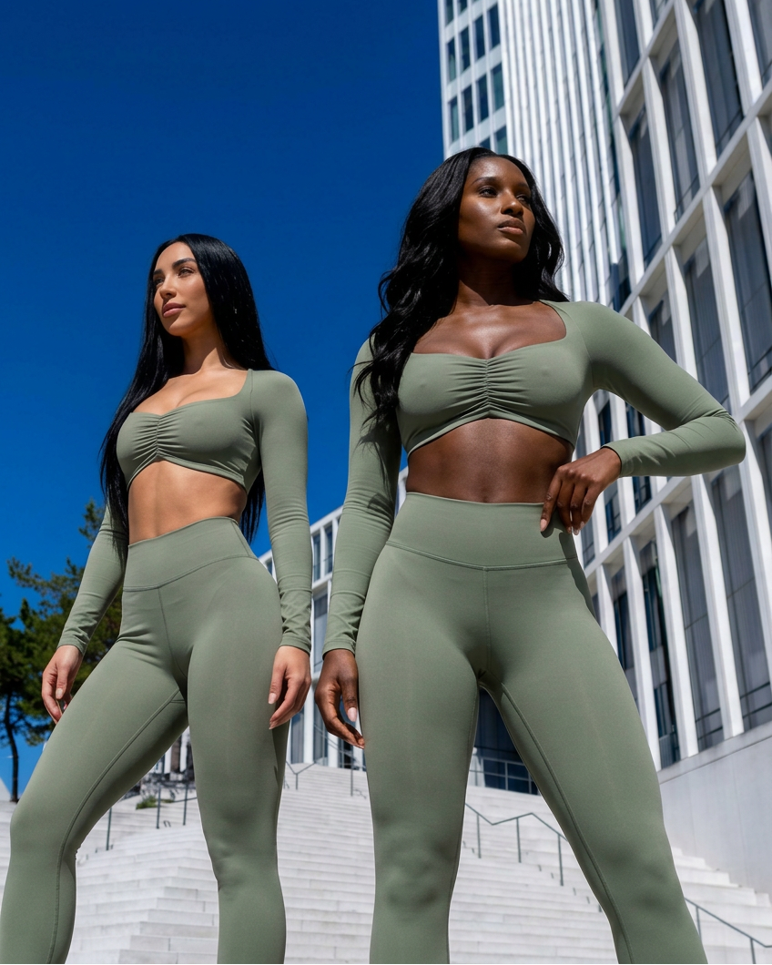 Both models in olive matching the low-angle city campaign poses