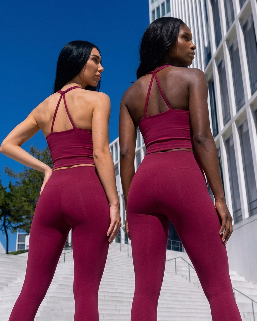 Both models side by side in three-quarter back poses, showing the burgundy halter tops’ open-back design
