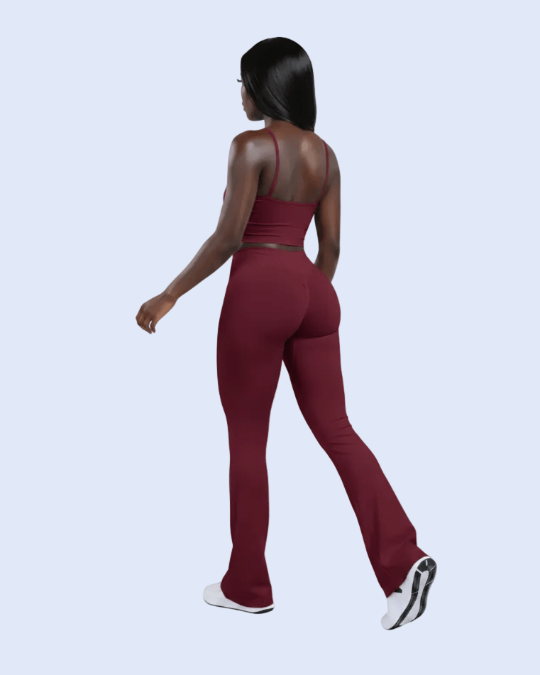 Burgundy Flare Leggings - Back 3/4 Walk