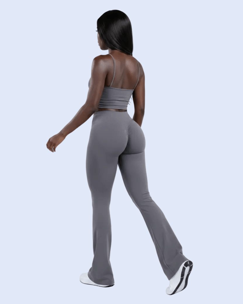 Charcoal Gray Flare Leggings – Rear 3/4