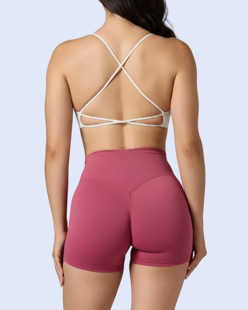 Close-Up Back — X Straps & Raspberry Shorts