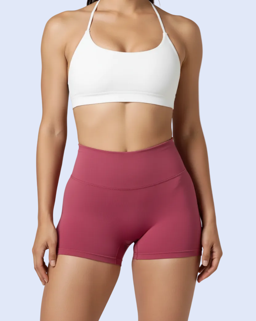 Close-Up Front — White Bra & Raspberry Shorts